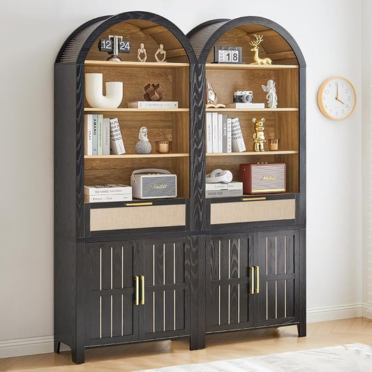 81" Tall Arched Bookcase, 4 Tiers Arch Bookshelf with Doors Storage and Drawer, Modern Farmhouse Book Shelf with Adjustable Shelves, Wood Bookshelf w/Open Display for Living Room, (Black/Natural, 2PC)