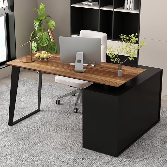 Homsee Home Office Computer Desk Corner Desk with 3 Drawers, 2 Shelves & 2 Doors, 55 Inch Large L-Shaped Study Writing Table with Storage Cabinet, Black & Brown (54.3”L x 40.9”W x 29.1”H)
