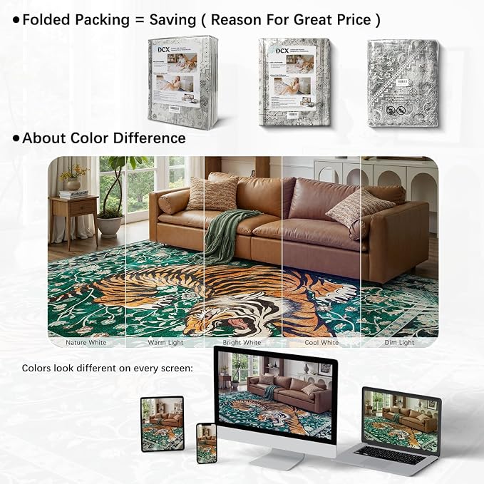DCX Washable 8x10 Tiger Area Rug, Green Vintage Animal Rug for Living Room, Soft Low Pile Carpet, Kid & Pet Friendly with Rubber Back Non Slip, Stain Resistant Rug for Bedroom Dining Room Office