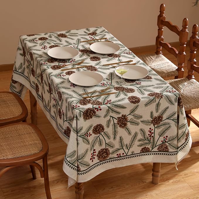 ISAENNE Designer Christmas Beige Linen Square Tablecloth,Pinecones Pattern Indoor Tablecloths,Wrinkle Resistant Decor Table Cloth for Dining Thanksgiving Kitchen Christmas,67"*67"-Carol B