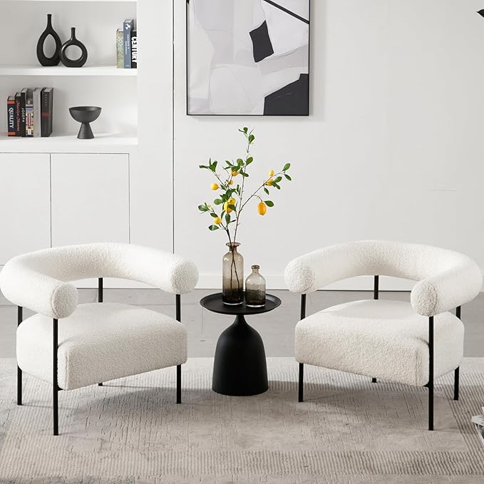 Modern Accent Chairs Set of 2, White Boucle Side Chairs with Curved Back, Sherpa Barrel Vanity ChairsArmchairs with Black Metal Legs & Upholstered for Living Room, Makeup Room