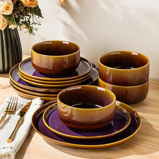 TheTerra Ceramic Dinnerware Sets for 4, 12 Pieces Handmade Reactive Glaze Plates and Bowls Set, Scratch Resistant Dish Set, Oven & Microwave & Dishwasher Safe, Amber Amethyst