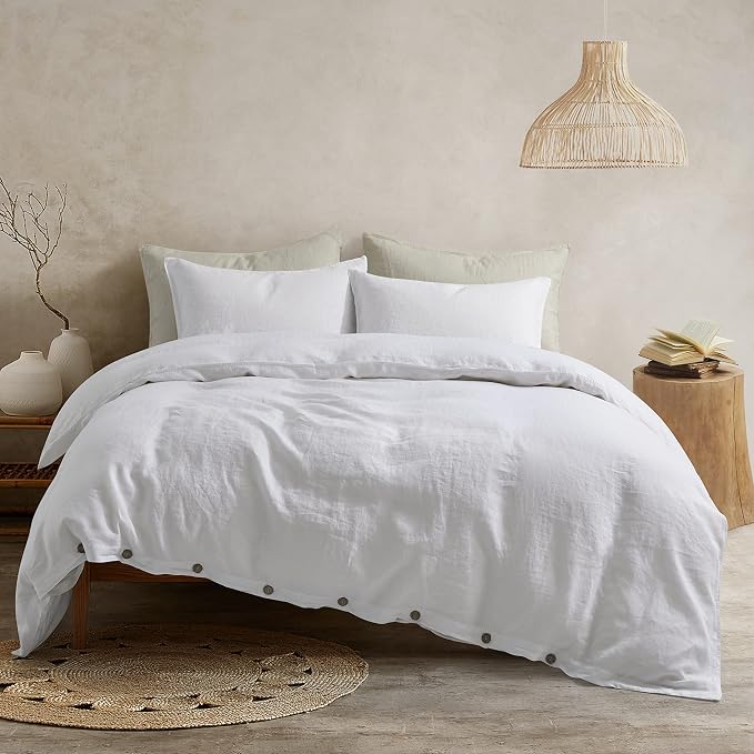 ATLINIA 100% Flax Linen Duvet Cover Set - Stone Washed Pure French Linen Organic Fabric for Farmhouse Comforter Boho Bedding Included 1 Duvet Cover 2 Pillow Shams(White, Queen)