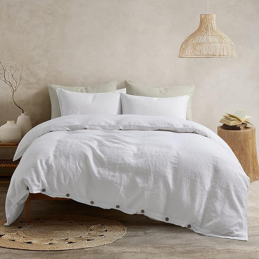 ATLINIA 100% Flax Linen Duvet Cover Set - Stone Washed Pure French Linen Organic Fabric for Farmhouse Comforter Boho Bedding Included 1 Duvet Cover 2 Pillow Shams(White, King)