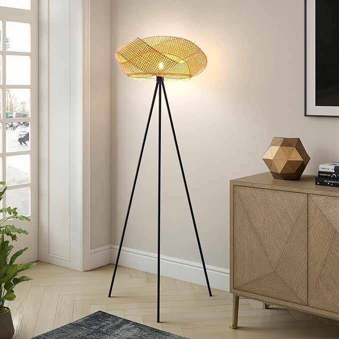 Handwoven Tripod Floor Lamp, Boho Bamboo Woven Lotus Shade Tall Standing Lamp, Black Metal Base for Living Room Bedroom Entryway, E26 Socket (Natural)