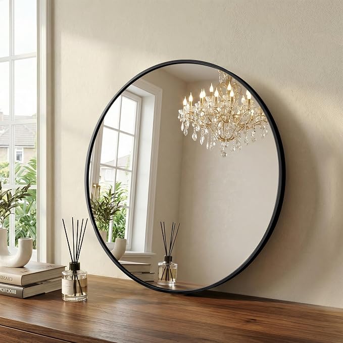Sweetcrispy Round Bathroom Mirror for Over Sink, 20 Inch Wall Mounted Vanity Mirror with Matte Metal Frame, Decor for Bathroom, Entryway, Bedroom, Black