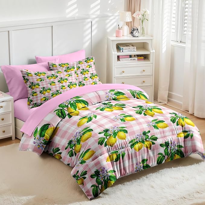 Nesker 7 Pcs Comforter Set Full Size, Stripe Lemons Fruit Bedding Set for Kids and Adults, Summer Palm Pink White Plaid Bed Sheet Sets with Fitted Sheet 2 Pillowcases & 2 Shams