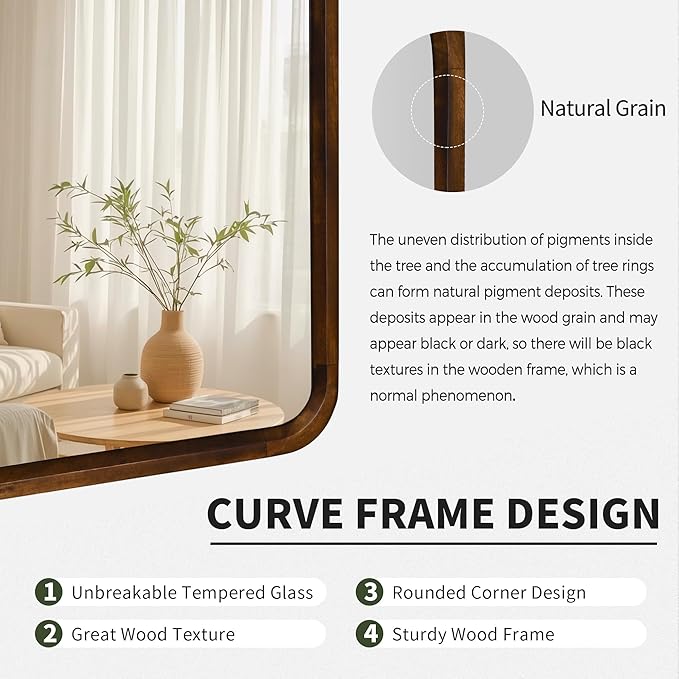 Wood Bathroom Mirror for Wall,Rectangle 20 x 30 inch Hanging Vanity Brown Tempered Mirrors with Rounded Corner for Living Room,Bedroom,Entryway (Walnut, 24x30 Inch)