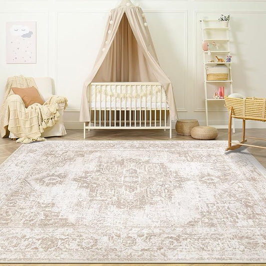 Area Rug 4x6 Vintage Rug: Washable Indoor Medallion Rugs Low Pile Distressed Floor Carpet Retro Accent Rug for Living Room Bedroom Kitchen Dining Table Home Office(Beige, 4'x6')