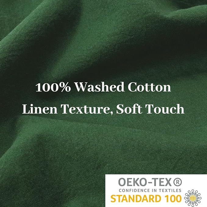 NEXHOME PRO Duvet Cover Set Oversized Queen 98"x98" Linen Look Textured Organic Natural 100% Washed Cotton Duvet Cover 3 Pieces Bedding Set Zipper Closure, Breathable, Forest Green (No Comforter)