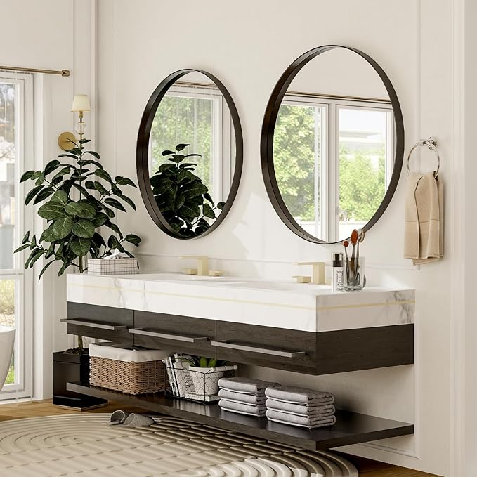 32 Inch Round Bathroom Mirror - Wall Mounted Circle Mirror with Metal Frame, Modern Home Suitable for Bathroom, Vanity, Entryway, Living Room, Wall Decor,Black