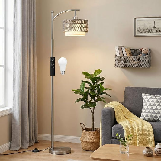 Ambimall Arc Floor Lamp for Living Room with Remote, Color Temperature & Brightness Adjustable, Boho Standing Lamp with Rattan & Fabric Double Drum Shades, Bulb Included(Deep Gray)