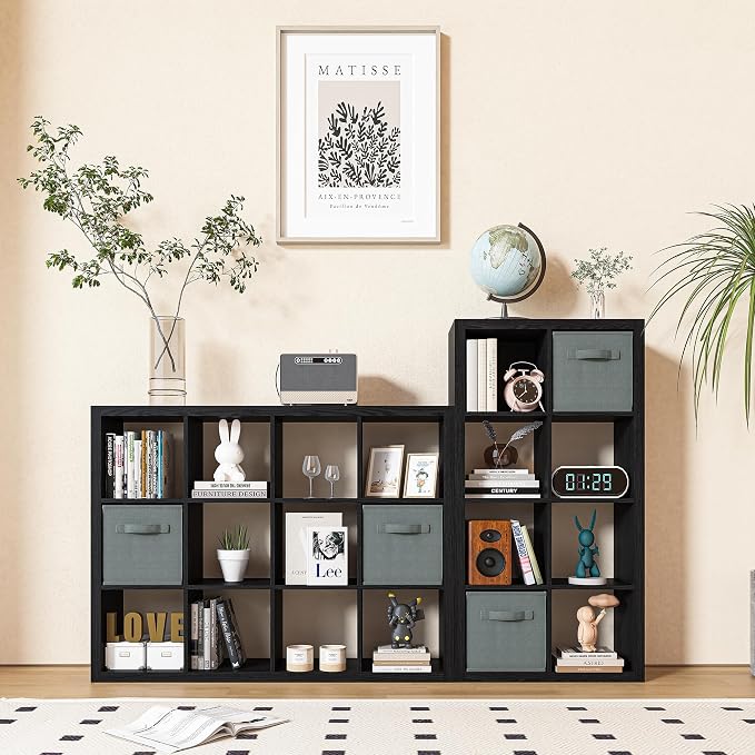 furtble Bookshelf with Storage Bins, 8-Cube Storage Organizer, Modern Black Bookshelf for Bedroom, Multifunctional Display Cube Bookshelves for Living Room, Bedroom, Home Office