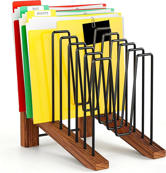 TREWAVE Inclined File Organizer for Desk, Adjustable 7-Section Vertical Desk File Organizer with Wooden Base, Metal Desktop Paper Folder Holder for Office, Home, Classroom and School Workspace