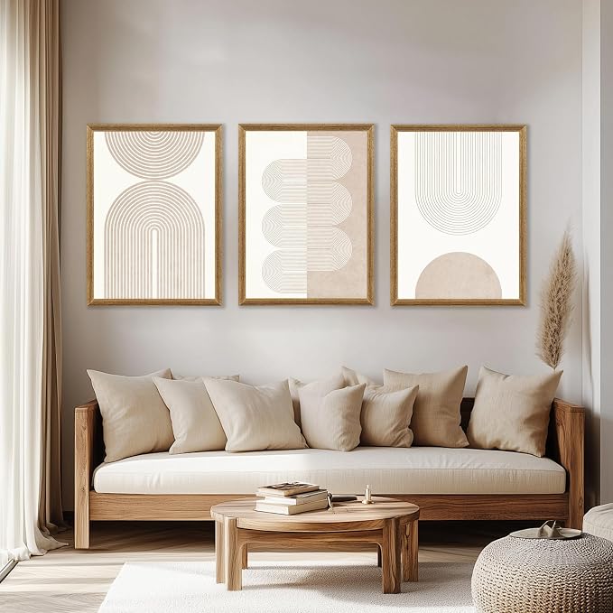 PicturePerfect Decor Wall Art 3 Piece Set, 16x24Inch Geometric Line Prints, Neutral Abstract Canvas Triptych for Living Room Bedroom Office Hallway, Mid-Century Modern Decor with Wood Frame