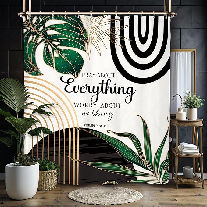 Miyotaa Abstract Minimalist Bible Shower Curtain Set 60Wx71H Inches Emerald Green Aesthetic Modern Quotes Inspirational Motivational Plant Leaves Waterproof Bathroom Curtain with 12 Hooks