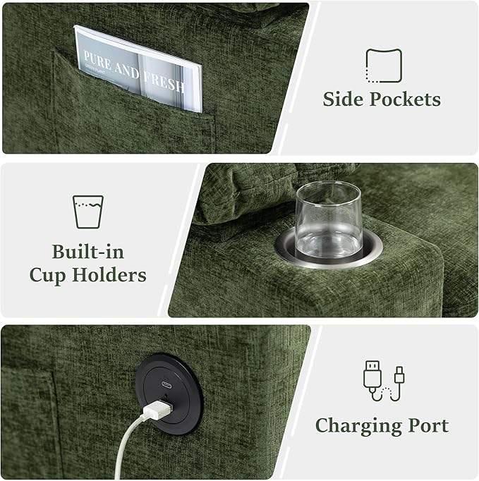 Oversized Chaise Lounge Chair with Ottoman and Cup Holders, Modern Sleeper Sofa with USB Charging Ports for Living Room and Bedroom, Convertible Small Sofa (Green)