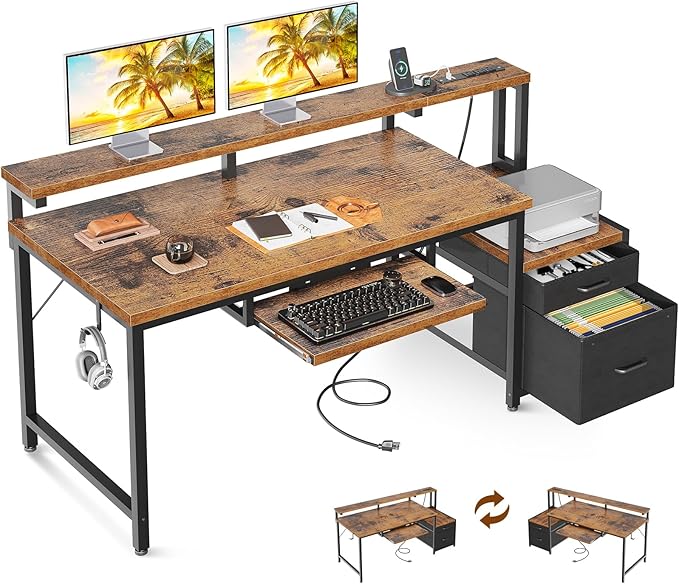 AODK Computer Desk with Drawers, 55" Office Desk with Keyboard Tray and Power Outlet, Reversible Study Work Desk with Printer Space and File Drawers Cabinet for Home Office, Vintage