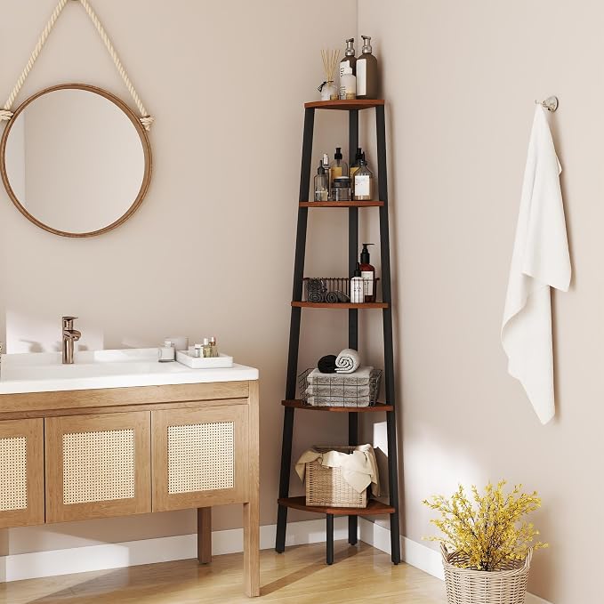 Corner Shelf, 5 Tier Ladder Corner Bookshelf, Display and Bookshelf Stand Unit, Anti Tip Feature, Space Saving, Ideal for Plants, Books, Living Room, Bedroom, Walnut