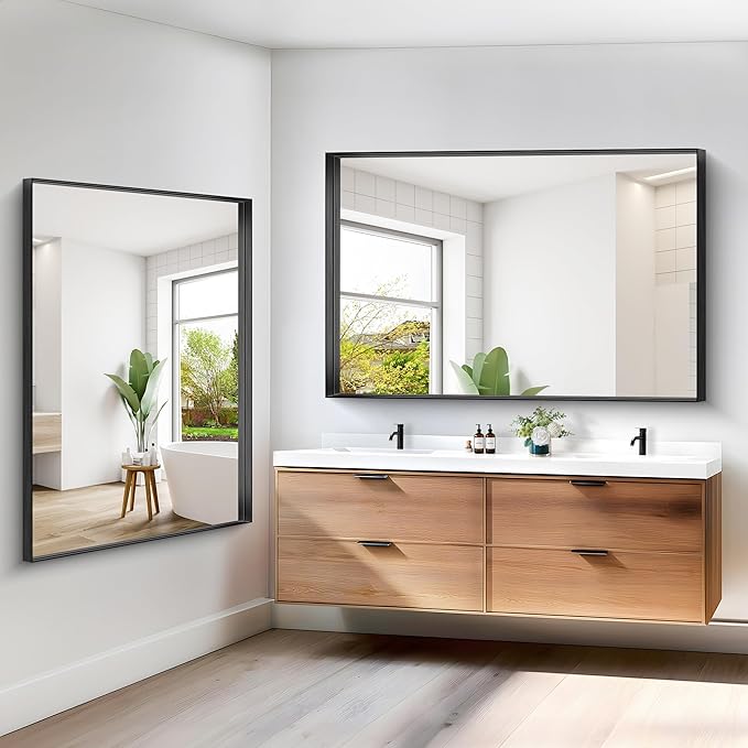 Black Bathroom Mirror, 42x42 Inch Rectangular Framed Mirror, Large Wall Mounted Bathroom Vanity Mirror Over Sink for Bedroom,Restroom, Living Room, Hangs Vertically or Horizontally