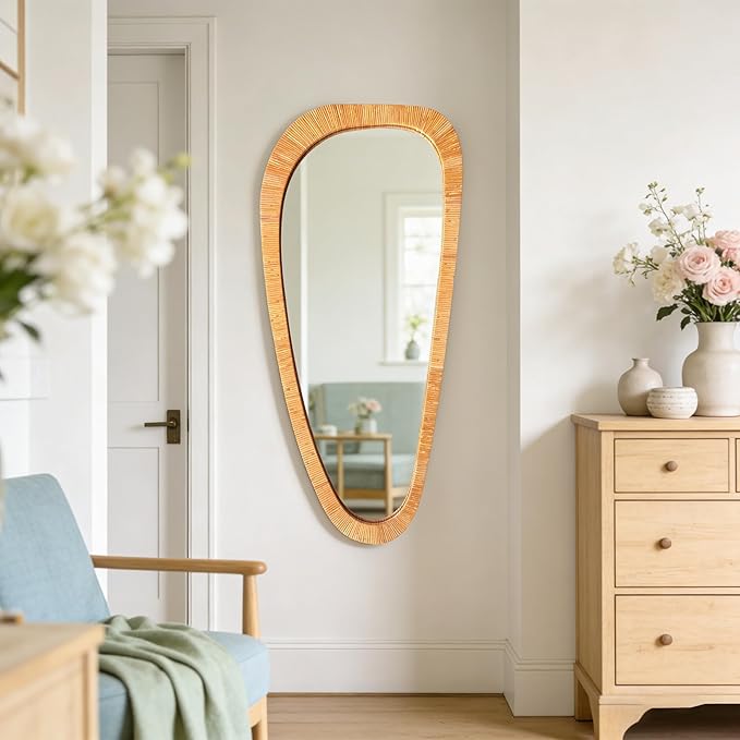 BAODANFU 22x48 Inch Asymmetrical Rattan Wall Mirror, Full Length Irregular Handwoven Natural Rattan Frame Mirror, 4-Way Mount Boho Decorative Mirror for Bedroom Entryway Living Room Farmhouse