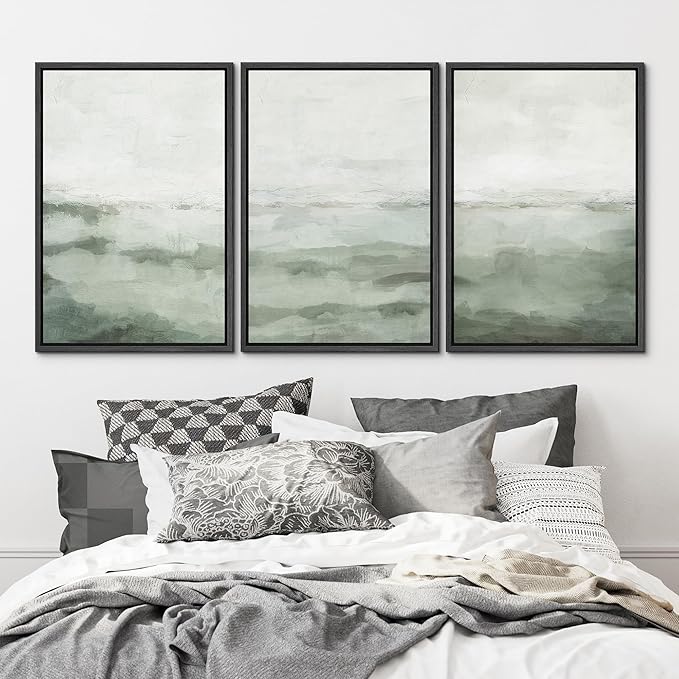 MUDECOR Framed Canvas Print Wall Art Sage Green Abstract Prints Minimalist Modern Wall Art Decor for Bedroom - 24"x36"x3 Black