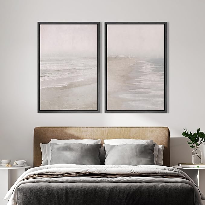 IDEA4WALL Framed Canvas Print Wall Art Set Abstract Beach Shore Ocean Wave Landscape Nature Wilderness Illustrations Modern Art Decorative Coastal Cottage Seascape for Bedroom - 24"x36"x2 Black