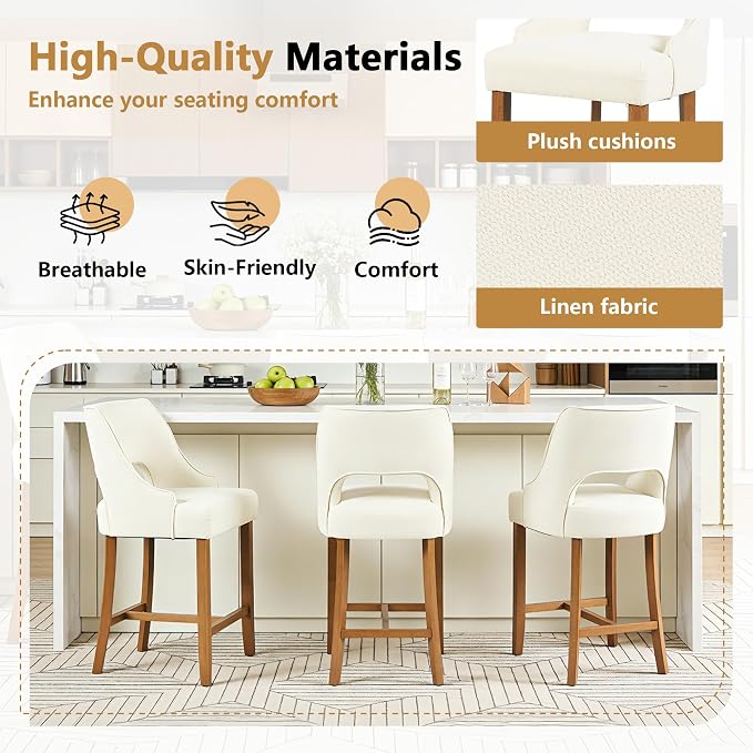 ClinQ Bar Stools Set of 6, 26" H Counter Height Bar Stools with Backs, Modern Upholstered Accent Barstools with H-Shaped Footrest for Kitchen Island, Dining Room and Bar, Beige-Walnut Legs