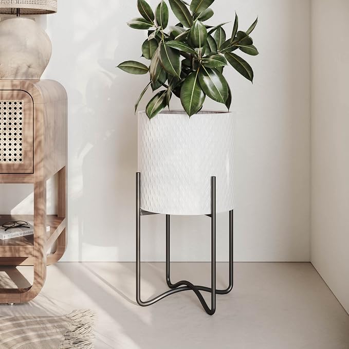 EverNest Claire Mid-Century Modern White Plant Pot with Ambrose Stand, SelectBase, Indoor Plant Pot, Bohemian Style, Minimalist Plant Home Décor (Small, Black)
