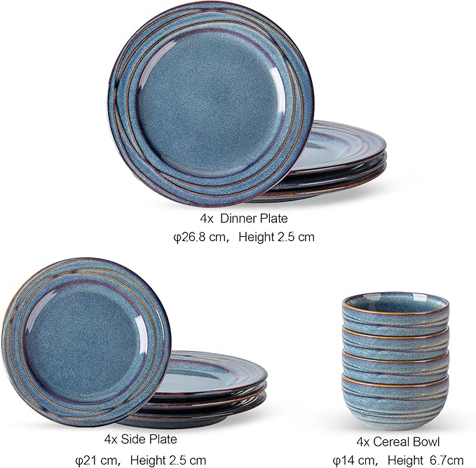 GBHOME Ceramic Dinnerware Sets,12 pcs Embossed Elegant Stoneware Plates and Bowls Sets, Housewarming Wedding Gift | Dishwasher & Microwave Safe | Dishes Set Service for 4