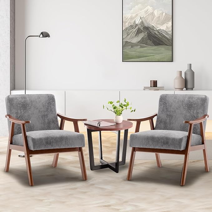 Furnimart Grey Accent Chair, Mid Century Modern Living Room Chair with Wood Frame, Comfy Armchair Wingback Chair for Office Study Vanity Bedroom Waiting Room