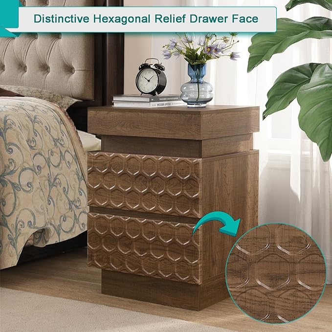 Led Nightstand with Charging Station, Hexagonal Fluted Night Stand with Sliding Top, Wooden Bedside Table with 3 Drawers, Modern Bed Side End Table for Bedroom, Living Room, Walnut Brown