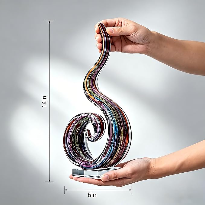 Hand Blown Murano Style Glass Sculpture, 14" Single Spiral Flame Abstract Art Figurine Collectible, Modern Home Decor for Living Room Office Aquarium, Unique Gift for Art Lovers