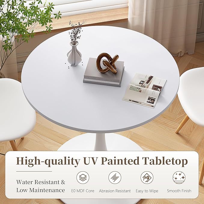 31.5 Inch Round Dining Table,Mid-Century Tulip Table with Metal Pedestal Base,Modern Leisure Table for Small Space Kitchen Dining Room,Easy Assembly,White