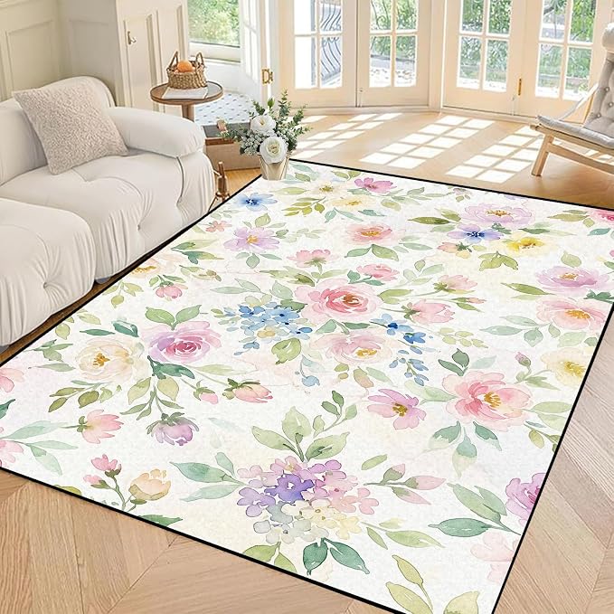 Watercolor Floral Rug 5'x7' Soft Pastel Botanical Area Rug for Entryway Bedroom Living Room Nursery Kitchen Playroom Home Decor Low Pile Non-Slip Washable Carpet