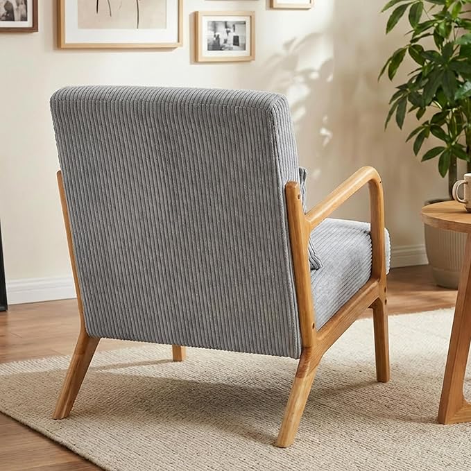 Accent Chairs, Mid-Century Modern Chair with Pillow, Armchair with Solid Wood, Reading Relaxing Leisure Chair for Living Room (Light Grey)