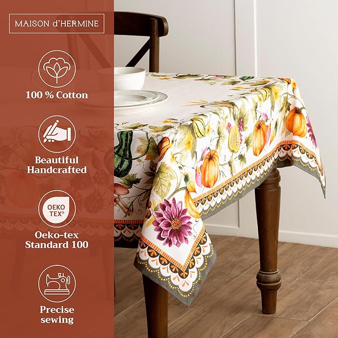 Maison d' Hermine Table Cloth Rectangle Table 100% Cotton 70 x 90 Inches Fall Tablecloth Reusable Everyday Use for Thanksgiving Christmas Decorations Dining Farmhouse (Pumpkin Garden - Cloudy Cream)