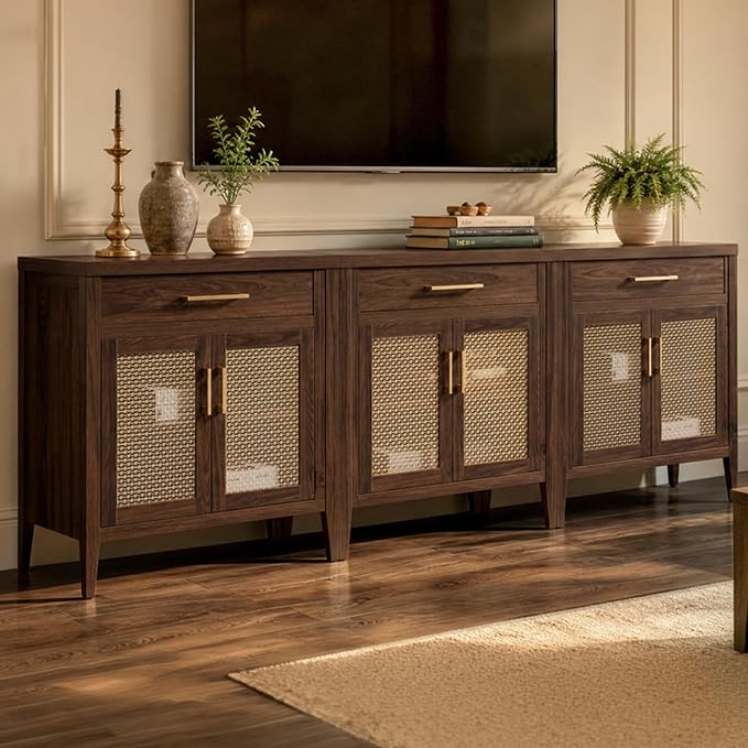 SICOTAS Buffet Cabinet - 90“ Sideboard Cabinet Modern Credenza with Drawers and Metal Mesh Doors, Accent Buffet Table Coffee Bar for Living Room Kitchen Entryway Hallway, Espresso Walnut