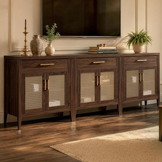 SICOTAS Buffet Cabinet - 90“ Sideboard Cabinet Modern Credenza with Drawers and Metal Mesh Doors, Accent Buffet Table Coffee Bar for Living Room Kitchen Entryway Hallway, Espresso Walnut