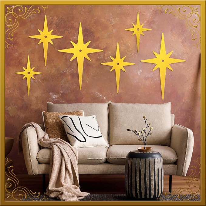 Yalikop 6 Pcs Mid Century Modern Starburst Wall Art Decor 8 Pointed Hangings Wooden Stars Whimsigoth Modern Retro Midcentury Wall Art for Home Bedroom Bathroom Office(Gold)