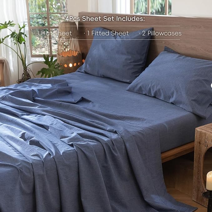 MooMee Bedding Sheet Set 100% Washed Cotton Linen Like Textured Breathable Durable Soft Comfy (Heathered Blue, Full)