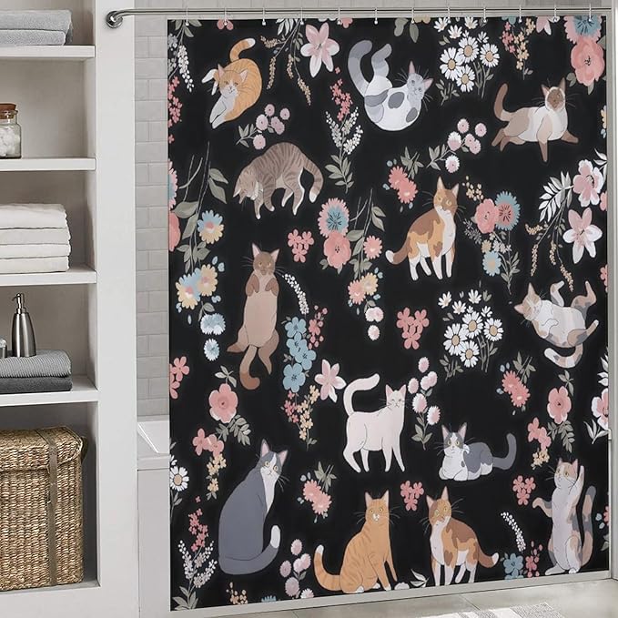 Cat Shower Curtain,Watercolor Black Floral Garden Funny Animals Bathroom Curtain Polyester Waterproof Fabric Decor 72x72in（183x183cm）