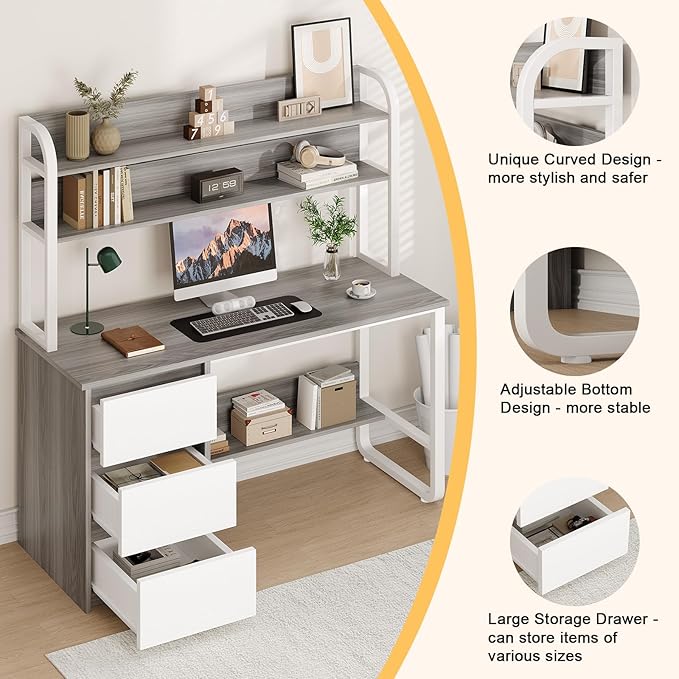 MaverickFurni Computer Desk with Hutch, 55 Inch Home Office Desk with Storage Drawers, Study Writing Desk with Shelves for Bedrrom, Adjustable Feet, Grey