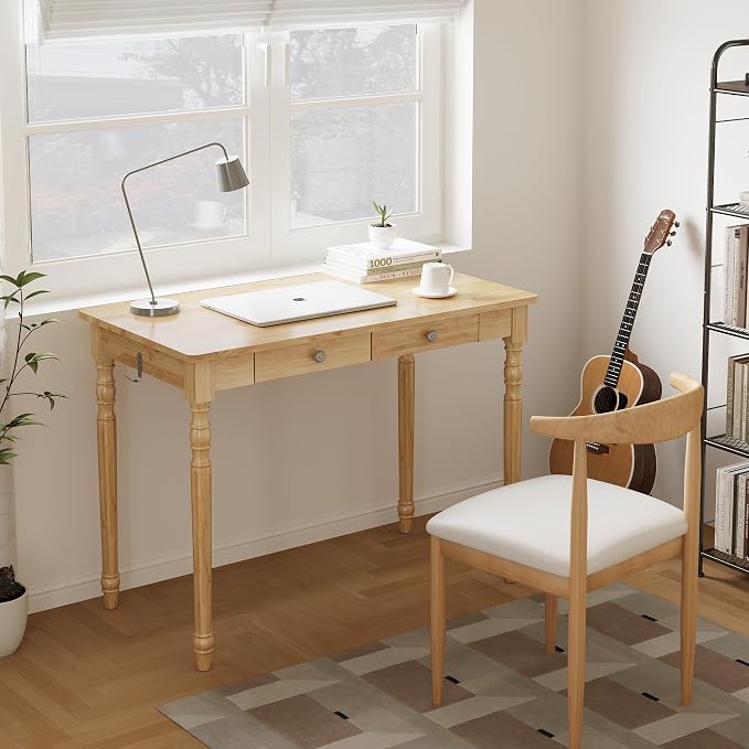 Solid Wood Desk with Drawers - 40 Inch Writing Desk with Drawers, Mid Century Modern Desk with 2 Hooks, Rubber Wood Study Table for Bedroom, Living Room & Office, Natural Boho Desks