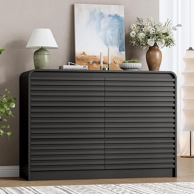 Fluted 6 Drawer Dresser for Bedroom, 47" Wide Wood Chests of Drawers with Curved Profile, Mid Century Modern Dresser with Large Storage & Hidden Handle for Living Room, Hallway, Black
