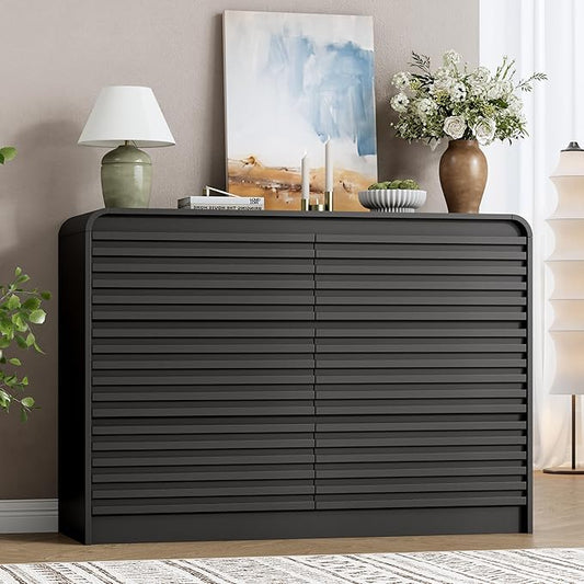 Fluted 6 Drawer Dresser for Bedroom, 47" Wide Wood Chests of Drawers with Curved Profile, Mid Century Modern Dresser with Large Storage & Hidden Handle for Living Room, Hallway, Black