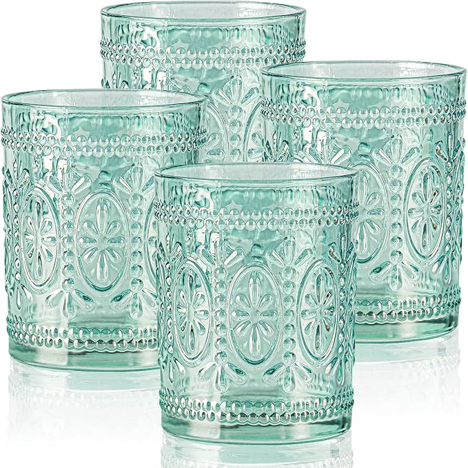 Glassware set of 4, Vintage Drinking Glasses, 10oz Heavy Duty Glass Cups, Colored Glassware Set, Embossed Glasses Set for Party Wedding Home Office Glassesware Gift