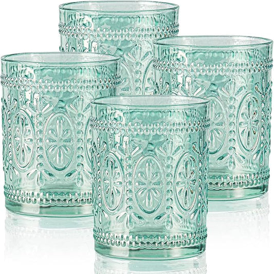 Glassware set of 4, Vintage Drinking Glasses, 10oz Heavy Duty Glass Cups, Colored Glassware Set, Embossed Glasses Set for Party Wedding Home Office Glassesware Gift