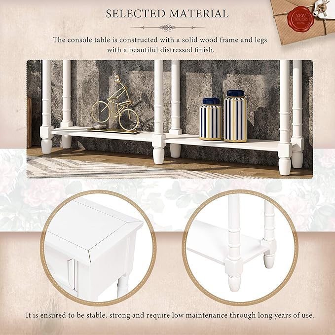 Merax Retro Console Table Sofa Table for Entryway with Drawers and Shelf Living Room Table (White)