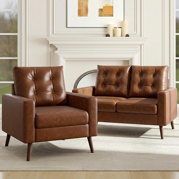 Wahson Accent Chairs Set of 2, Faux Leather Tufted Single Sofa, Brown Oversized Club Chair, Mid Century Modern Armchair with Wood Legs for Reading/Living Room/Bedroom